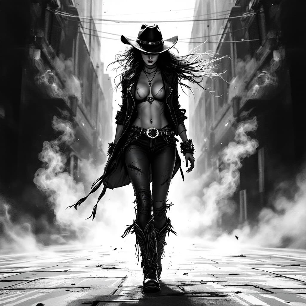 AI generated: A digital drawing of an urban cowgirl, full body, walking on the street, wearing cowboy boots and ha...