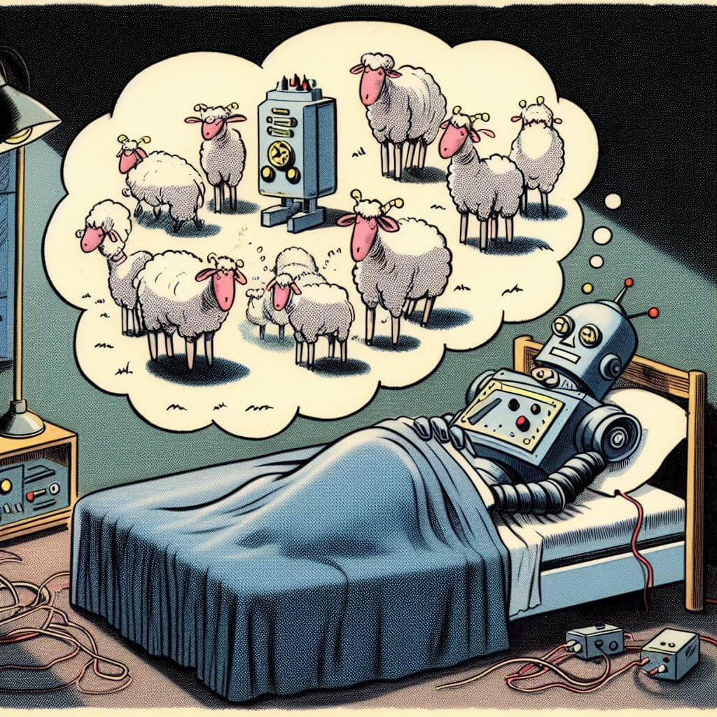AI generated: Do Androids dream of electric sheep!", cartoon in the style of Herblock and Pat Oliphant