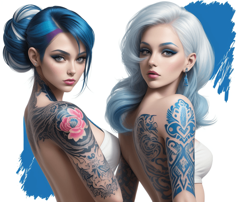 AI generated: beauty beauty model tattoo designs by karimah, hair coloring for a woman, in the style of silkscreen...