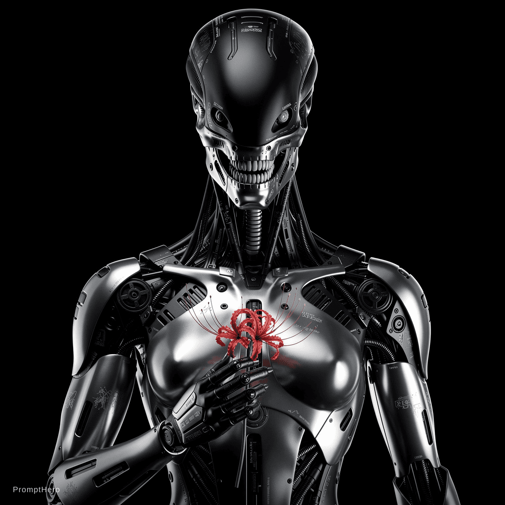 AI generated: realistic render, cyberpunk, front central view, upper-body, xenomorph head, skeletal teeth and jaw,...