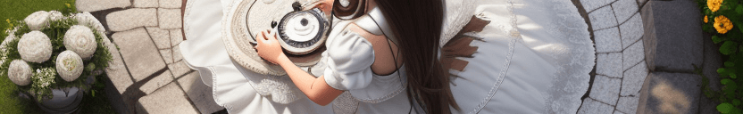 AI generated: photograph of a woman with long brunette hair, wearing a white hat, from above, white dress, tiered ...