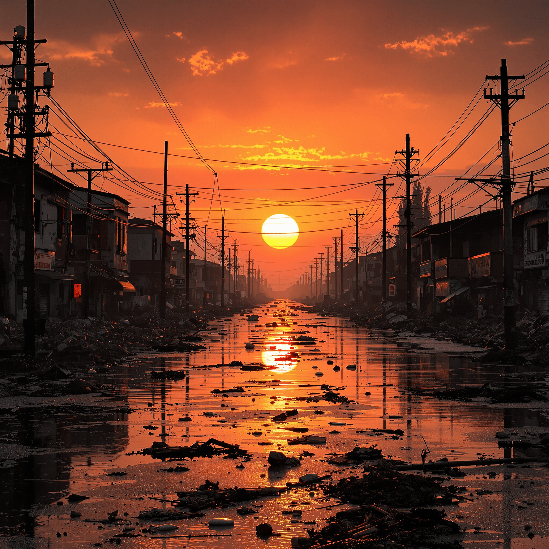 AI generated: RAW hyper-realistic photo, post-apocalyptic urban street at sunset. A large sunset and a slight red ...