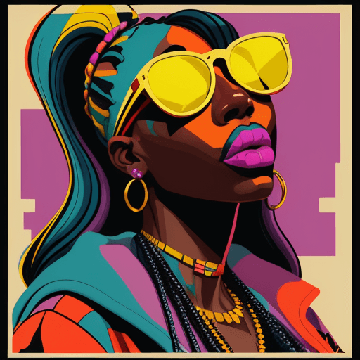 AI generated: a woman wearing colored painted glasses,in the style of hip-hop influenced, bold graphic illustratio...