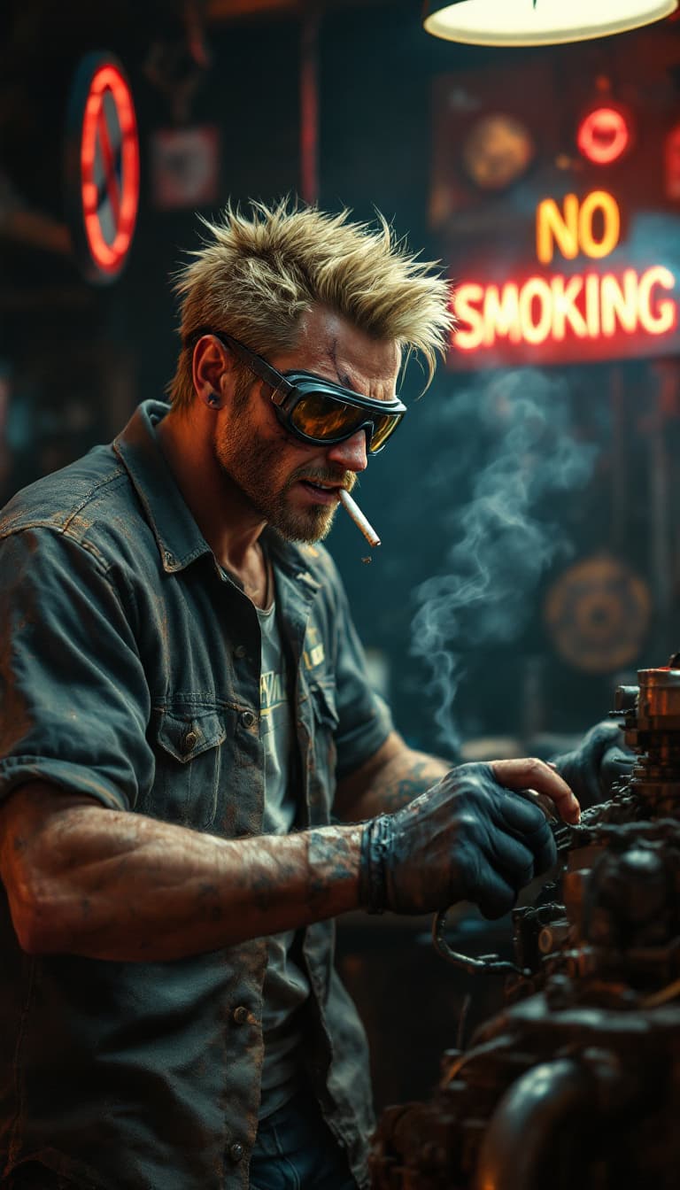 AI generated: A hyper-realistic, grunge-lit photo of a American man inspired from Cid Highwind from Final Fantasy ...