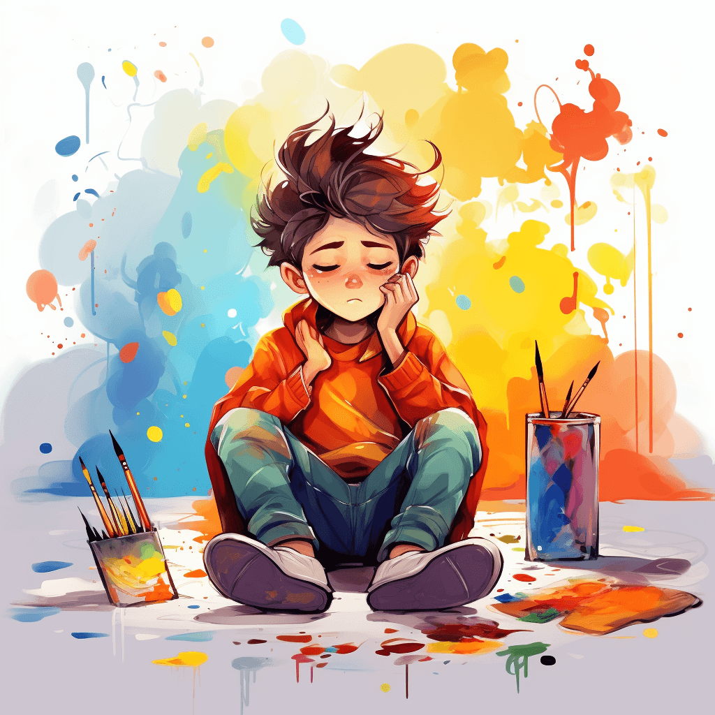 AI generated: UI Cartoonish illustration, a boy painting, creativity, Pop Art watercolor, vibrant color palette, S...