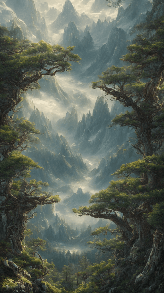 AI generated: view of a valley from the top of a mountain, spring, pine forest, clouds, fantasy, digital art, phot...