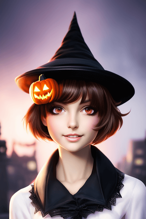 AI generated: The personification of the Halloween holiday in the form of a cute girl with short hair and a villai...