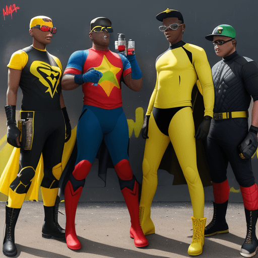AI generated: WE ARE SEEING FIVE DIFFERENT JOHN BOYEGA'S MALES IN A RED, BLUE, YELLOW, GREEN, BLACK SPANDEX SUITS,...
