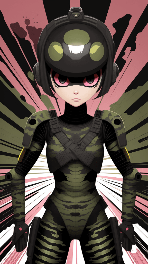 AI generated: in a army funky background portrait of little (alien woman)1.1, wearing (army attire):1. 1, with a (...