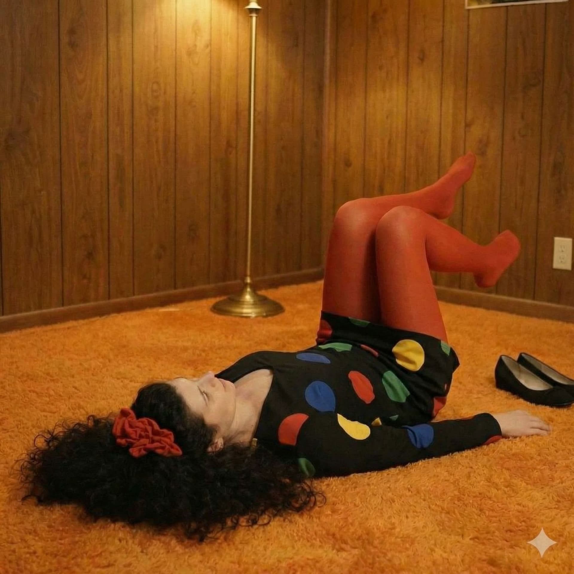 AI generated: Remove the bean bag chair. keep her legs as they are but spread them apart slightly.