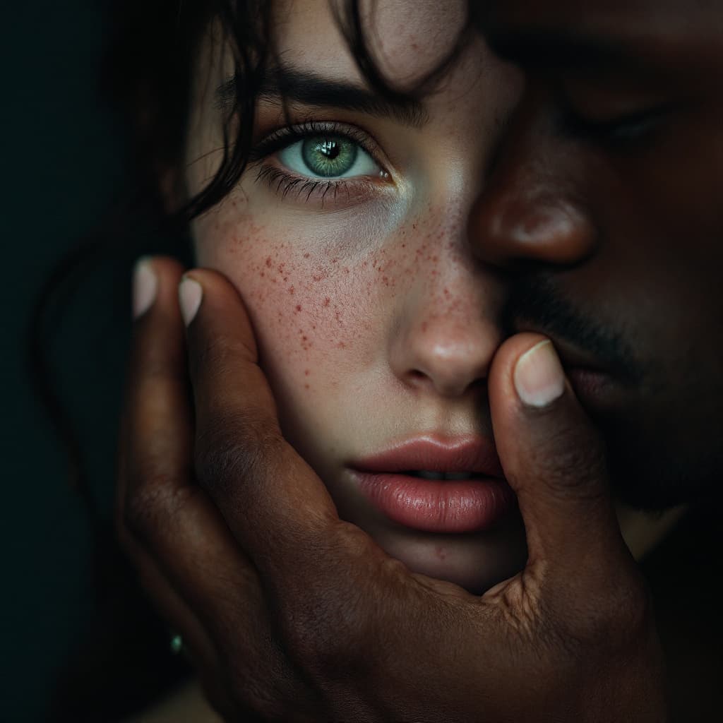 AI generated: /imagine close-up portrait, young white European woman with light freckles and green eyes, melanchol...