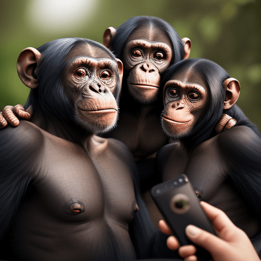 AI generated: A group of chimpanzees taking a selfie, grinning, photorealistic, dslr.