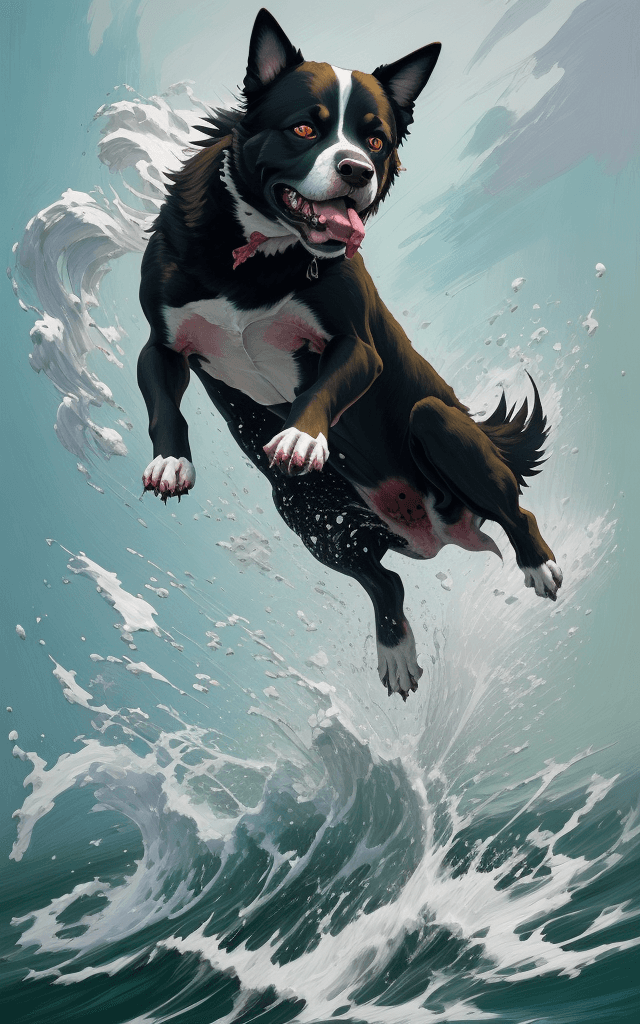 AI generated: Acrylic painting of a demented dog, vivid and expressing an intense emotion as it launches forward i...