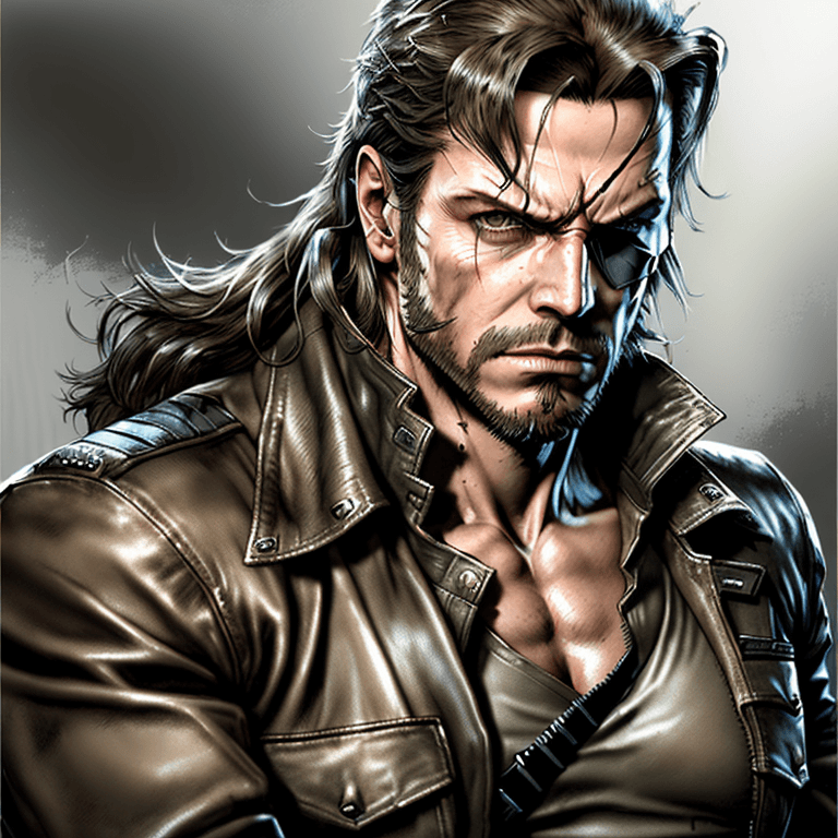 AI generated: big boss metal gear solid, ultra high quality, portrait, Rambo, leather jacket x men style rock long...