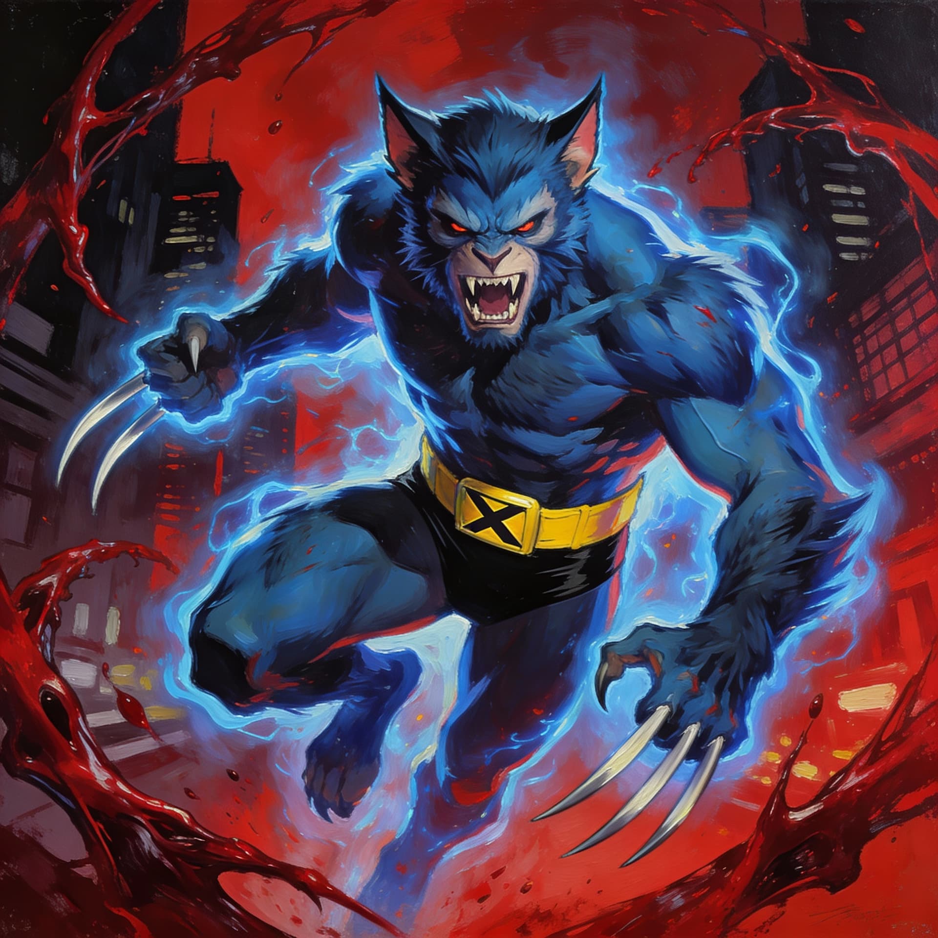 AI generated: painterly style, comic book character ,hank mccoy X-men named The Beast, blue aura around him, highl...