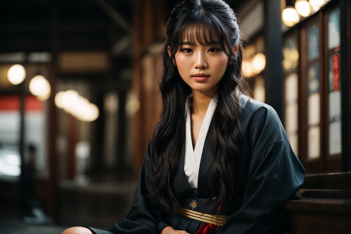 AI generated: A stunning young Asian woman in a traditional Japanese school uniform, sitting gracefully on the wal...