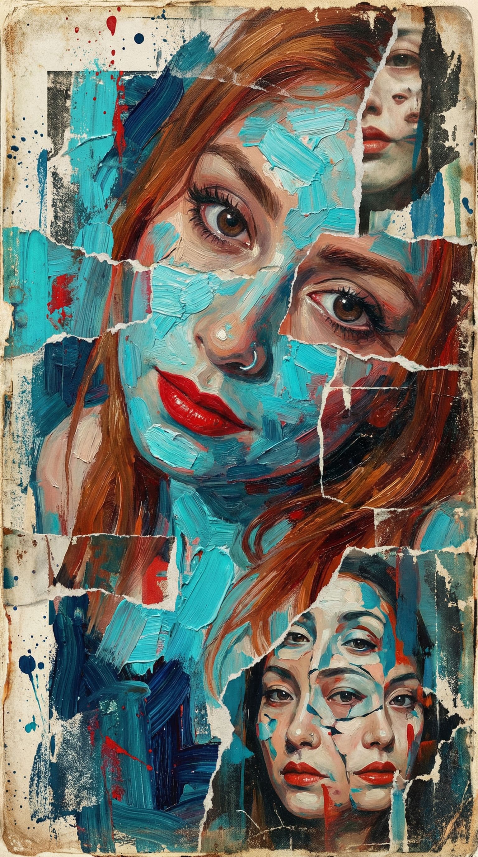 AI generated: print collage of a woman's face, in the style of josef kote, grunge beauty, dain yoon, cyan and blue...