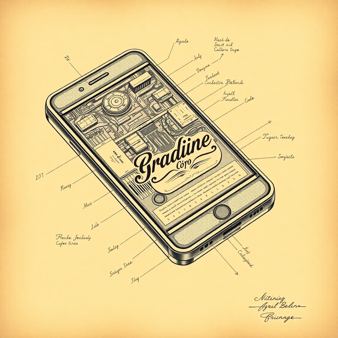 AI generated: A detailed, vintage-inspired technical drawing of a mobile phone, reminiscent of early 20th-century ...
