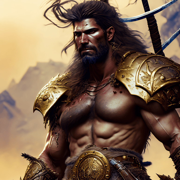 AI generated: portrait of a A rugged ethereal muscular warrior slayer, war pose, armor, fur pelt, gold, long messy...