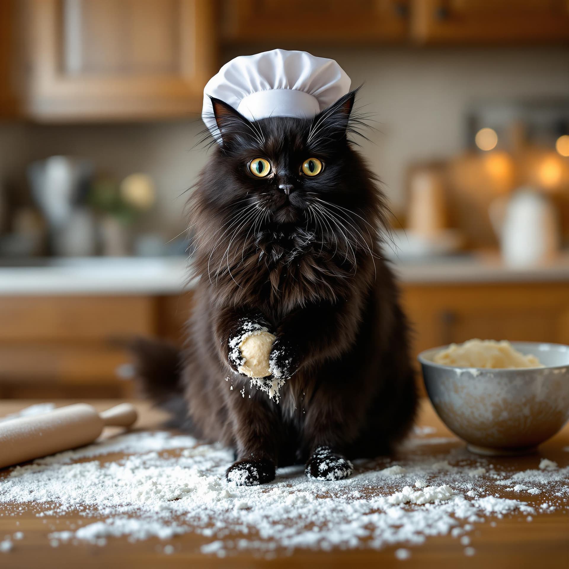 AI generated: A high-quality photograph of a fluffy, black cat standing on a wooden kitchen counter, surrounded by...