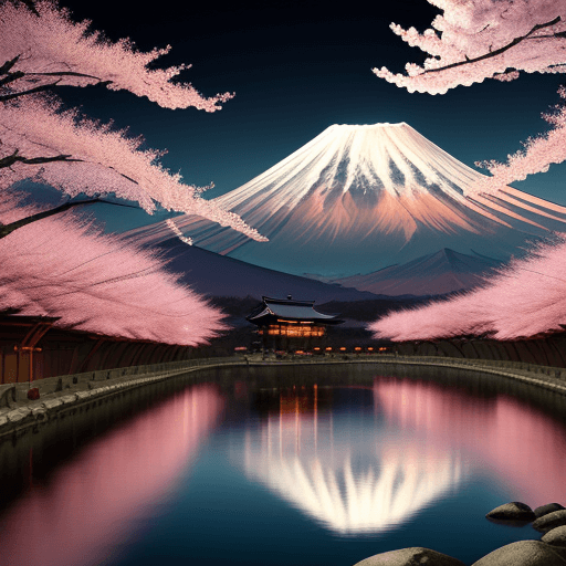 AI generated: full moon over mt fuji, cherry blossoms, romantic, dramatic, asian painting antique, scroll