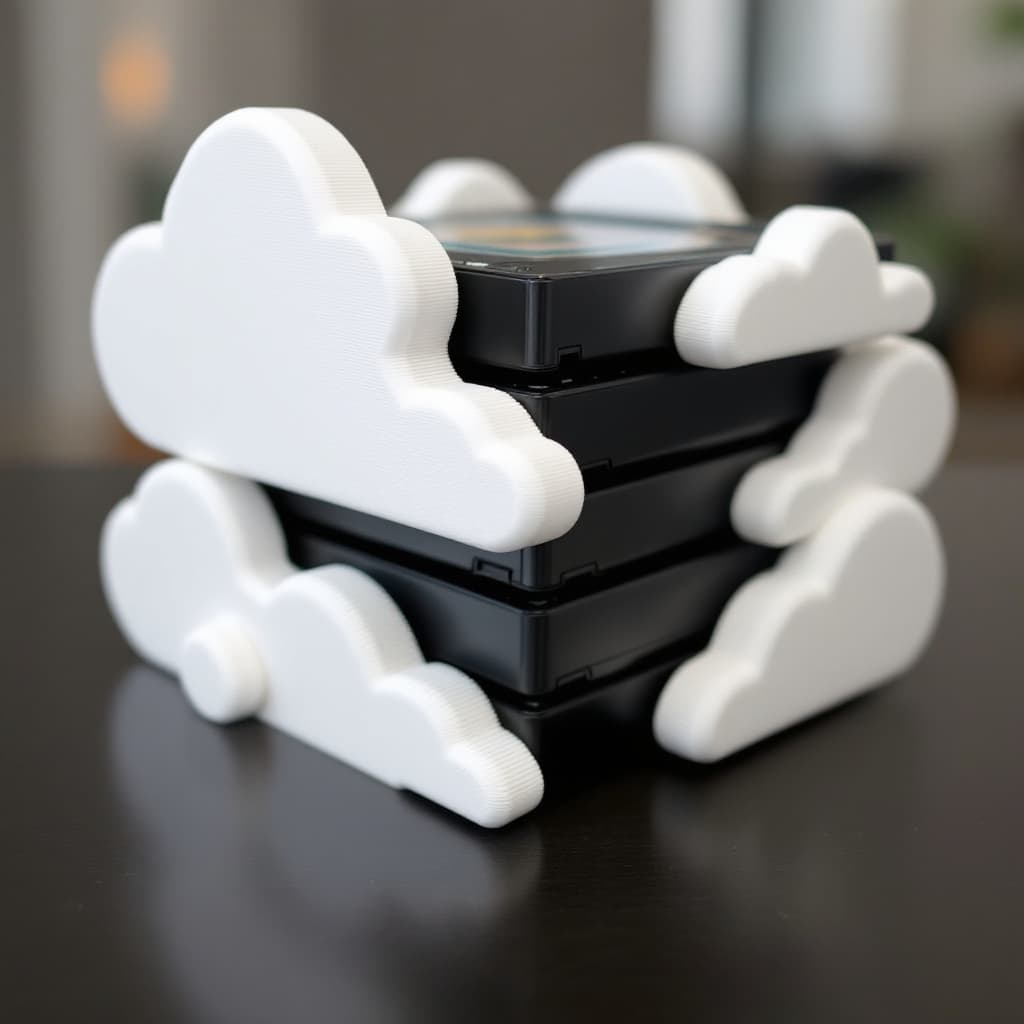 AI generated: A 3d printed Hard drive rack for external HDDs, white with cloud shapes flowing into each other on t...