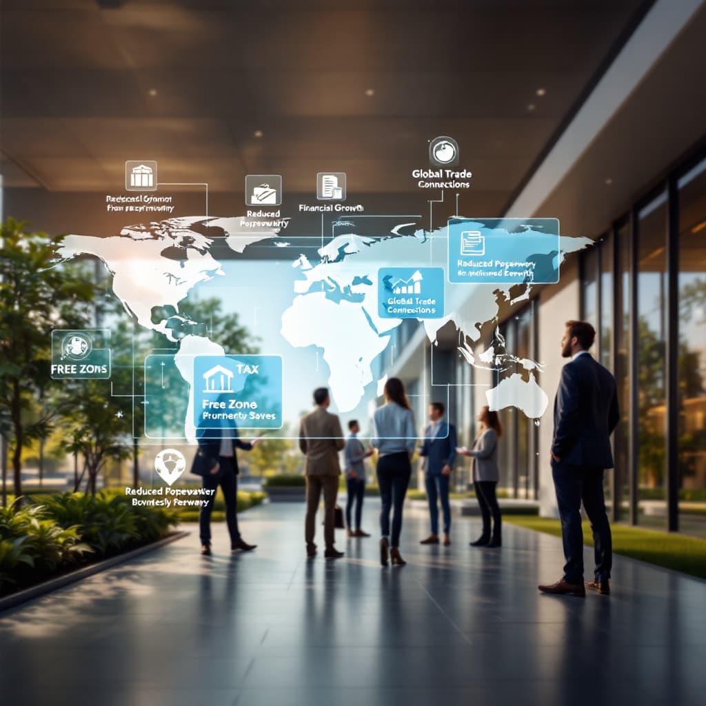 AI generated: An ultra-modern business park with sleek architecture and lush landscaping, featuring professionals ...