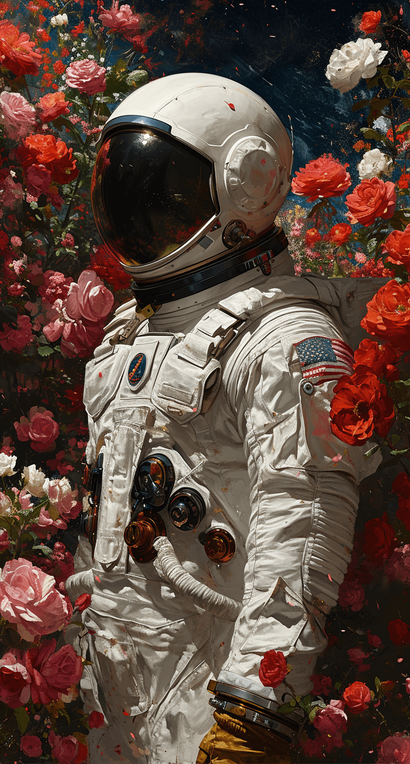 AI generated: an astronaut wearing a helmet painted, Walking on blooming roses, full body, militaristic realism, h...