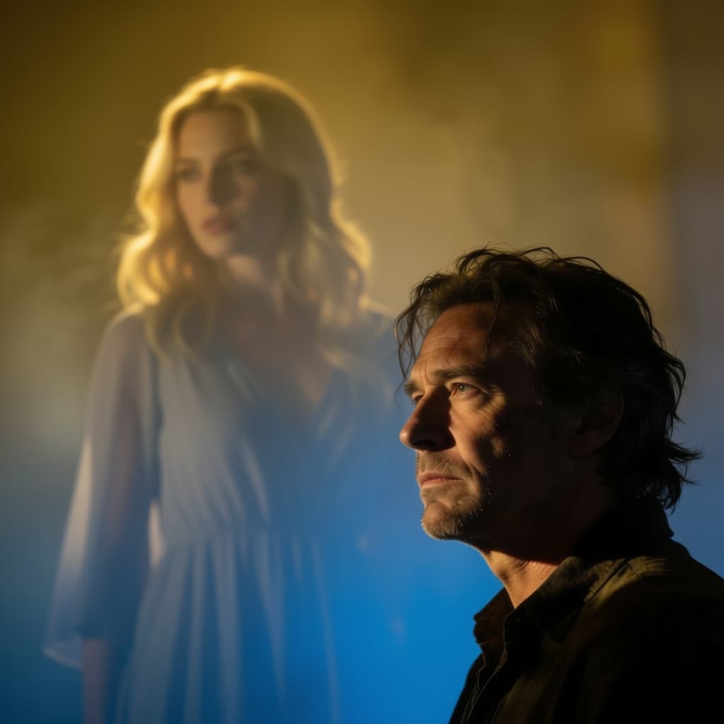 AI generated: a man in his 40s, disappointed in love, looks into the distance where a beautiful blonde woman dress...