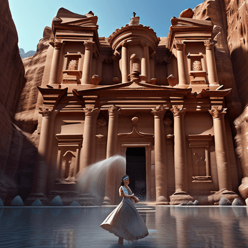 AI generated: a beautiful lady standing in front of the Treasury in Petra with water pouring, in the style of gong...