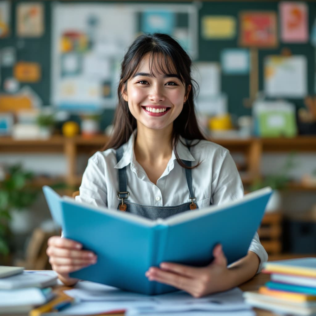 AI generated: Smiling teacher with language materials.
 dslr, ultra quality, sharp focus, tack sharp, dof, film gr...