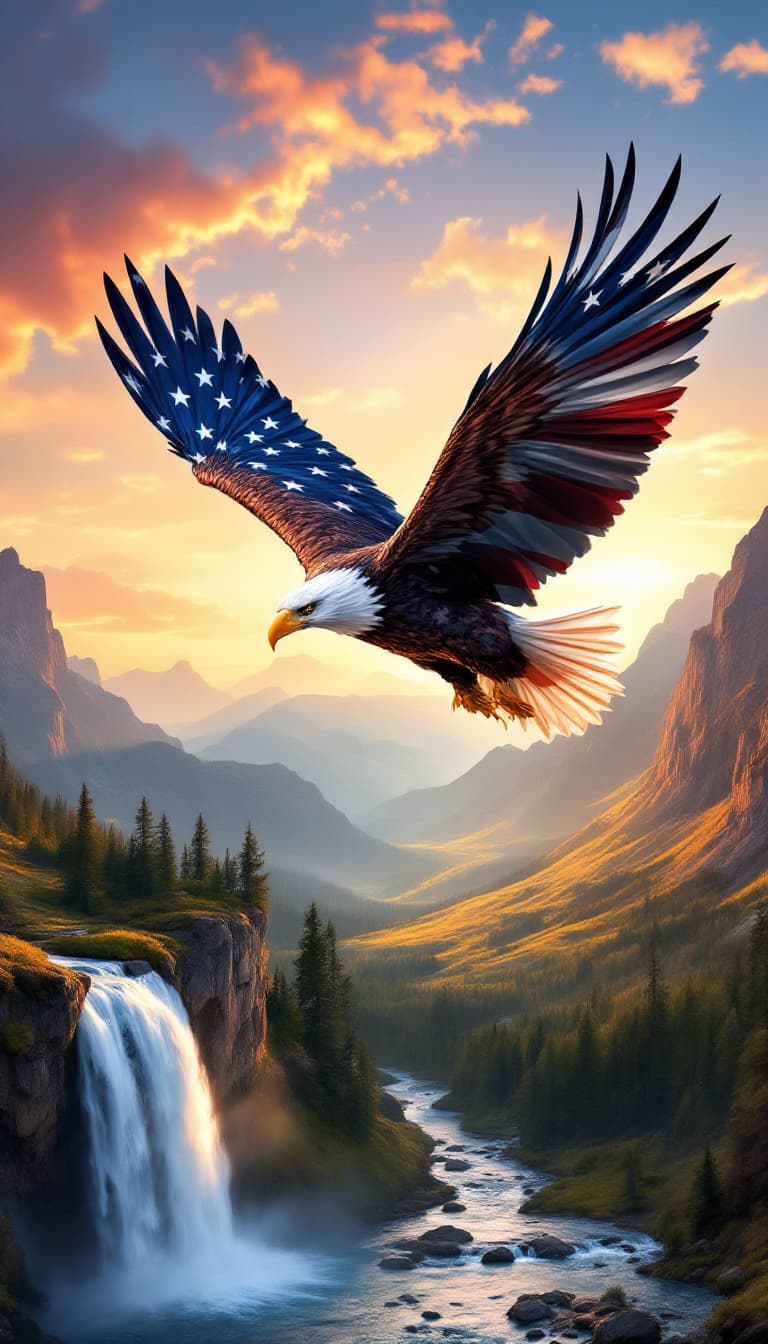 AI generated: A bald eagle soaring above a waterfall cascading into the mountain valley below. The eagles feathers...