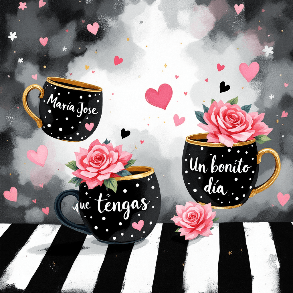 AI generated: A whimsical and enchanting illustration featuring four gold-rimmed black polka dot felt mugs, each d...