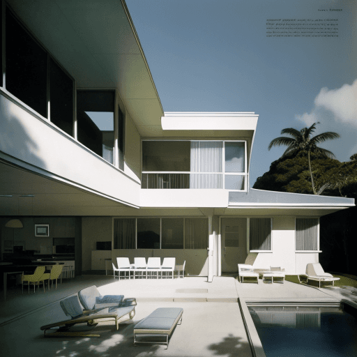 AI generated: Hyper realistic eye level exterior photo of a mid century modern style house overlooking the ocean, ...