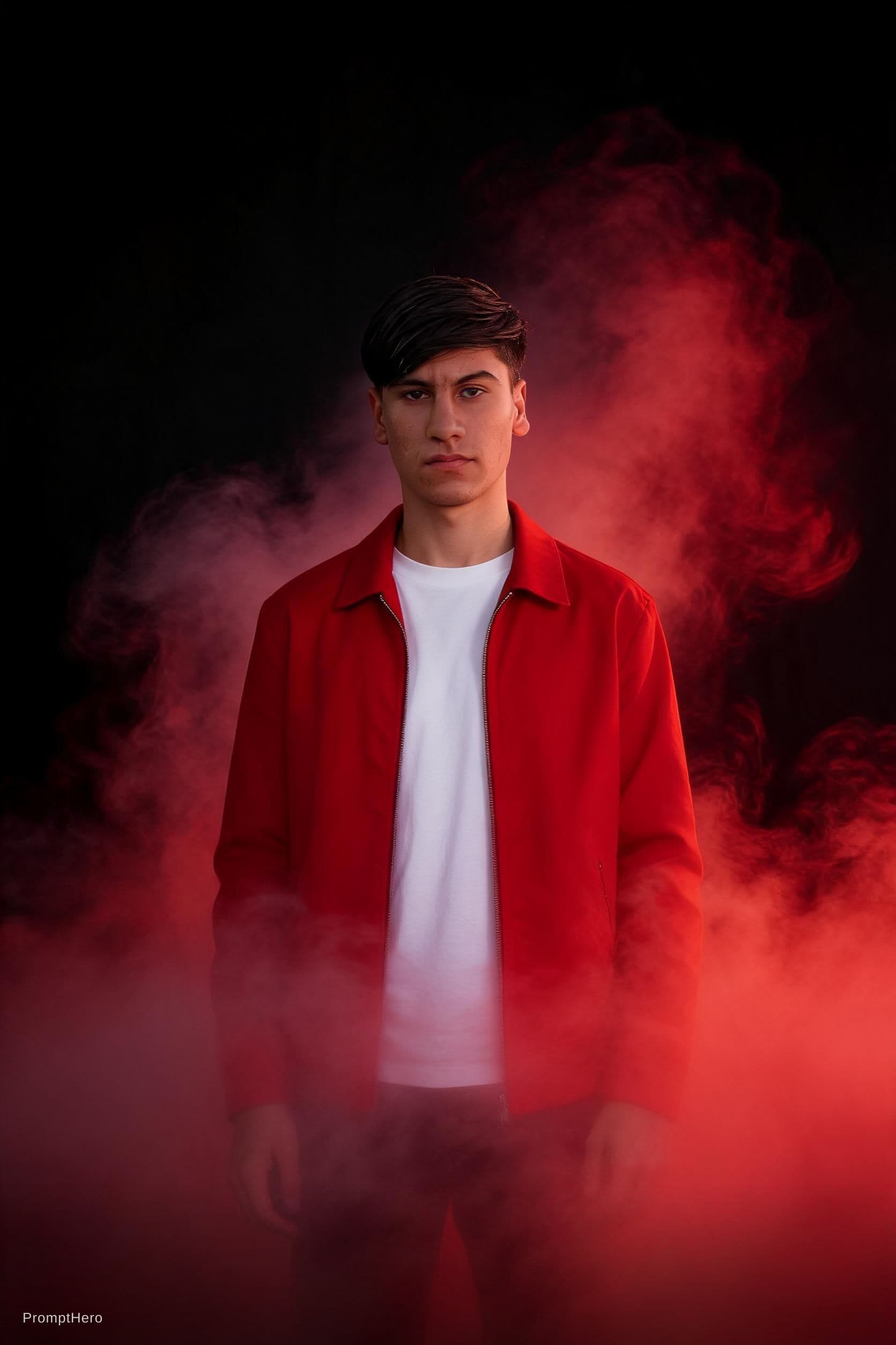 AI generated: fashion photography, front central full-length shot, male model, vibrant red color and black palette...