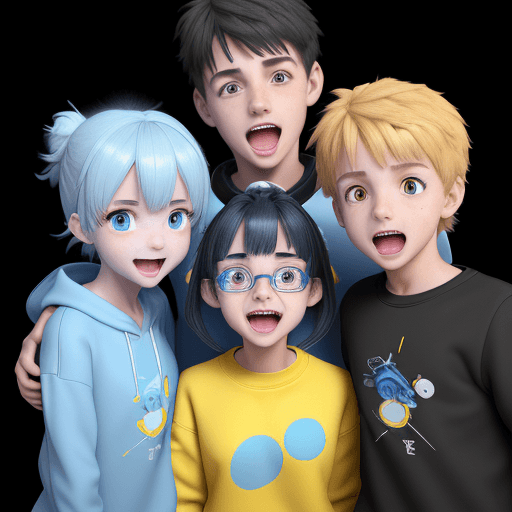 AI generated: two young boys and a young girl wearing blue yellow and white sweatshirts, enthusiastic and surprise...