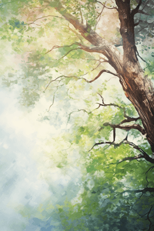 AI generated: Low angle of tree in forest, impressionist style, in woodland District, watercolor paint, delicate d...