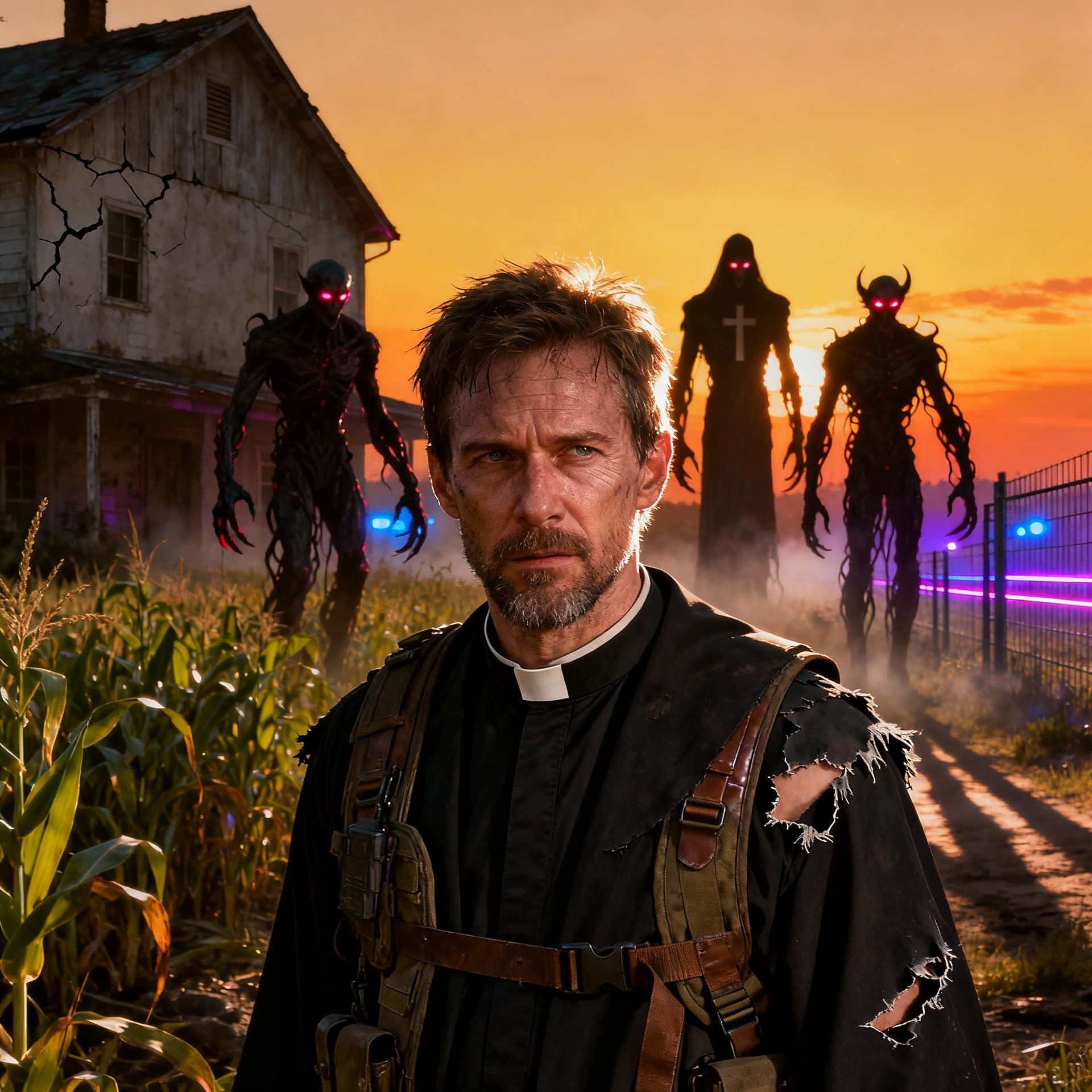 AI generated: A 35-year-old apocalyptic survivor standing close to the camera, lean build, tense and determined ex...