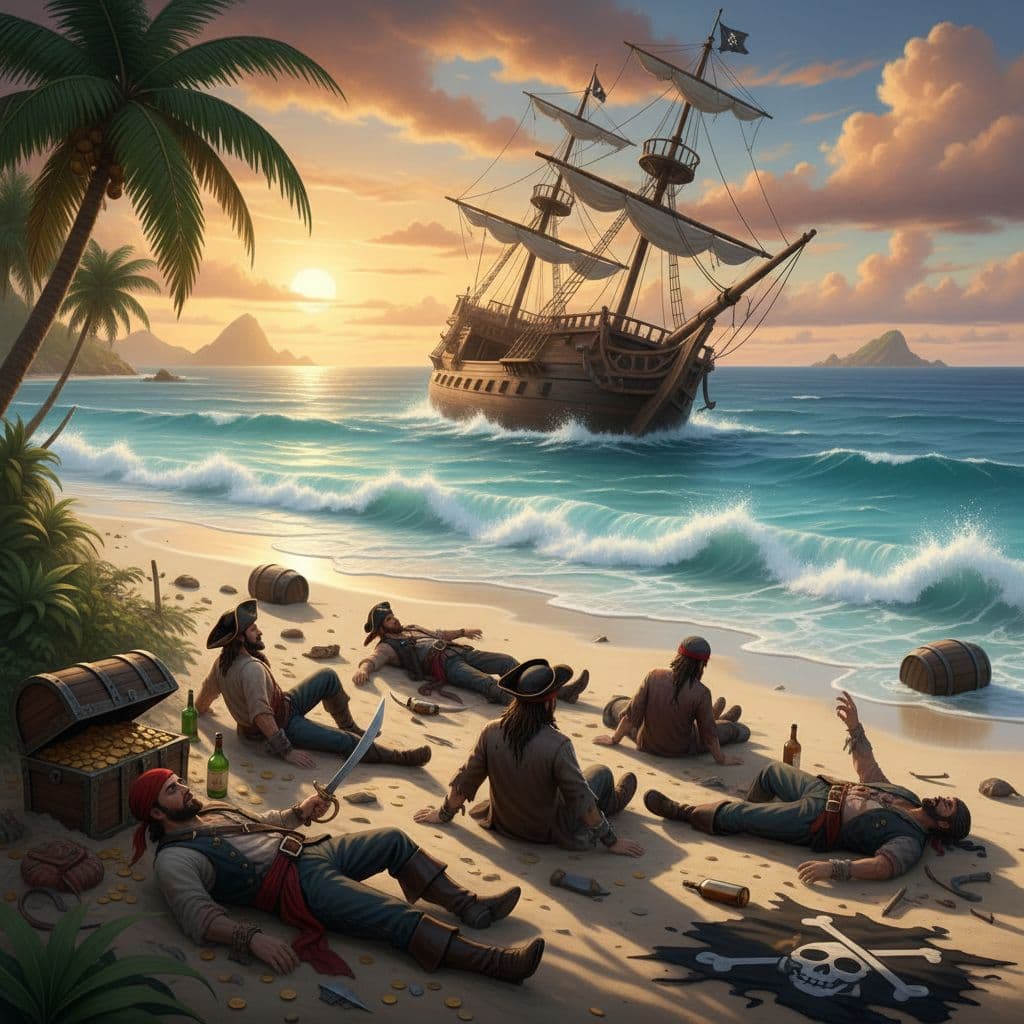 AI generated: Pirates washed up on the beach with their sinking ship in the background 