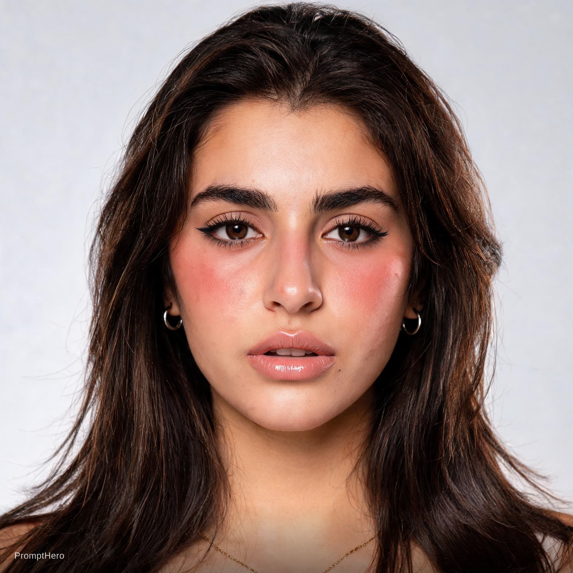 AI generated: Young woman, early 20s, Mediterranean appearance, 
long straight dark brown hair, slightly tousled a...