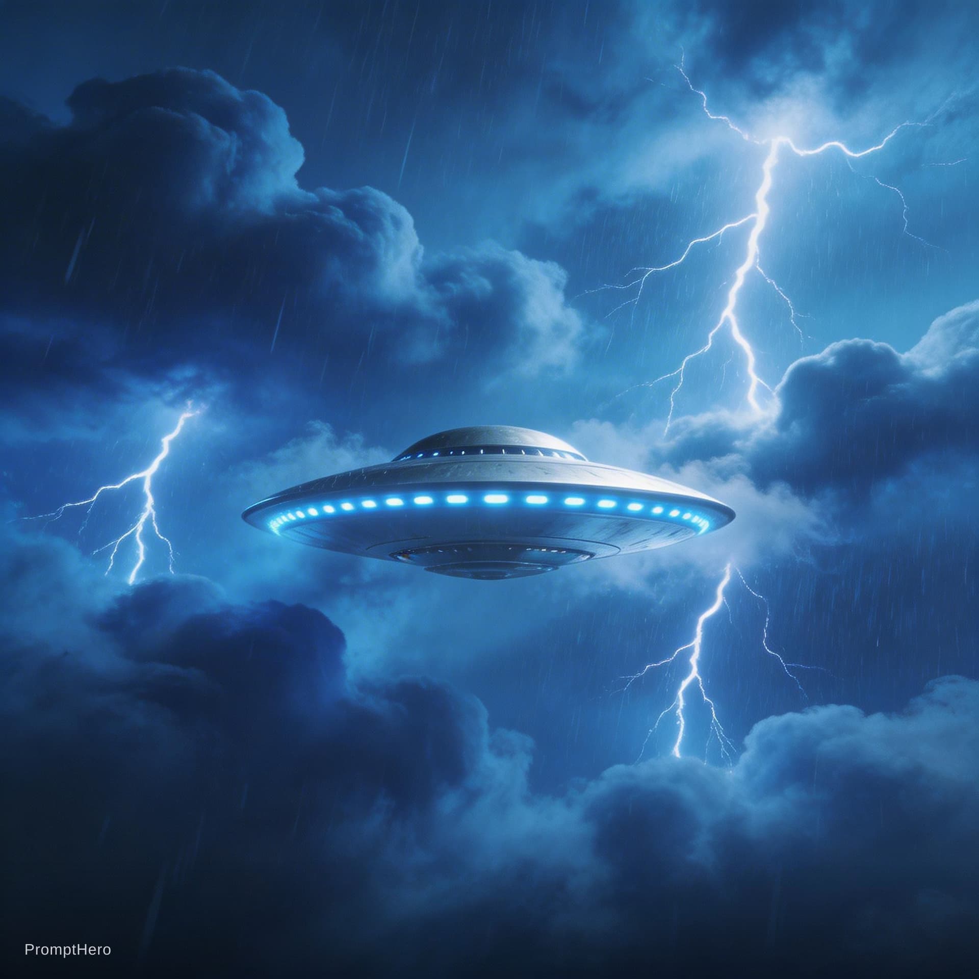 AI generated: Sci-Fi scene. Recreating ROSWELL. Show a scene in Earth's lower atmosphere.  Intense lightning, rain...