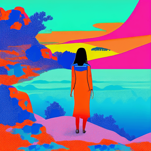 AI generated: vibrant scenes, profound landscape, woman looking at the horizon, Punchy Vector, primary color is bl...