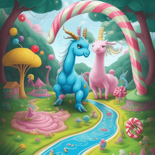 AI generated: Create a whimsical illustration depicting a FRIENDLY BLUE DRAGON, and a HAPPY YELLOW LLAMA exploring...