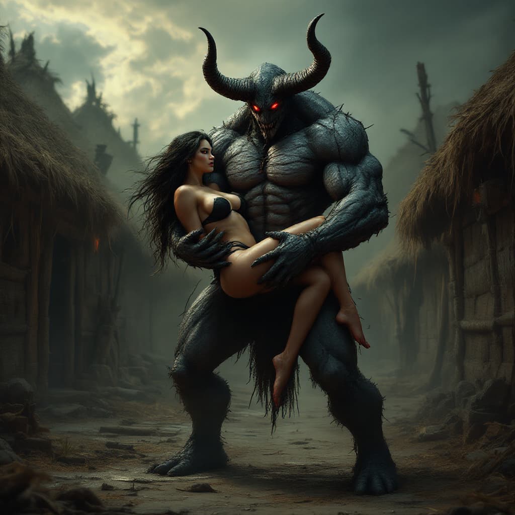 AI generated: Full body view of A dark fantasy scene in an ancient village with straw huts. A terrifying, muscular...
