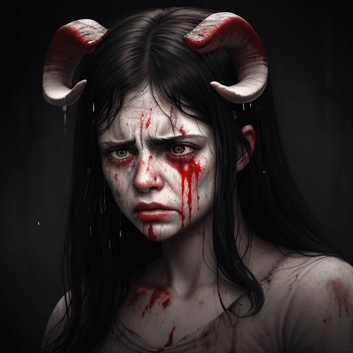 AI generated: realistic epic, Woman crying with (goat horns 1.2) , sad look, deeply sad facial expression, red and...