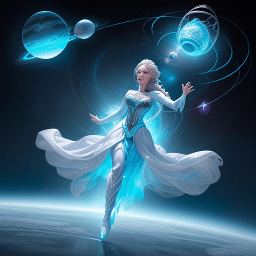 AI generated: Hyper realistic picture of Elsa like a God flying in space with planets floating around Elsa, flying...