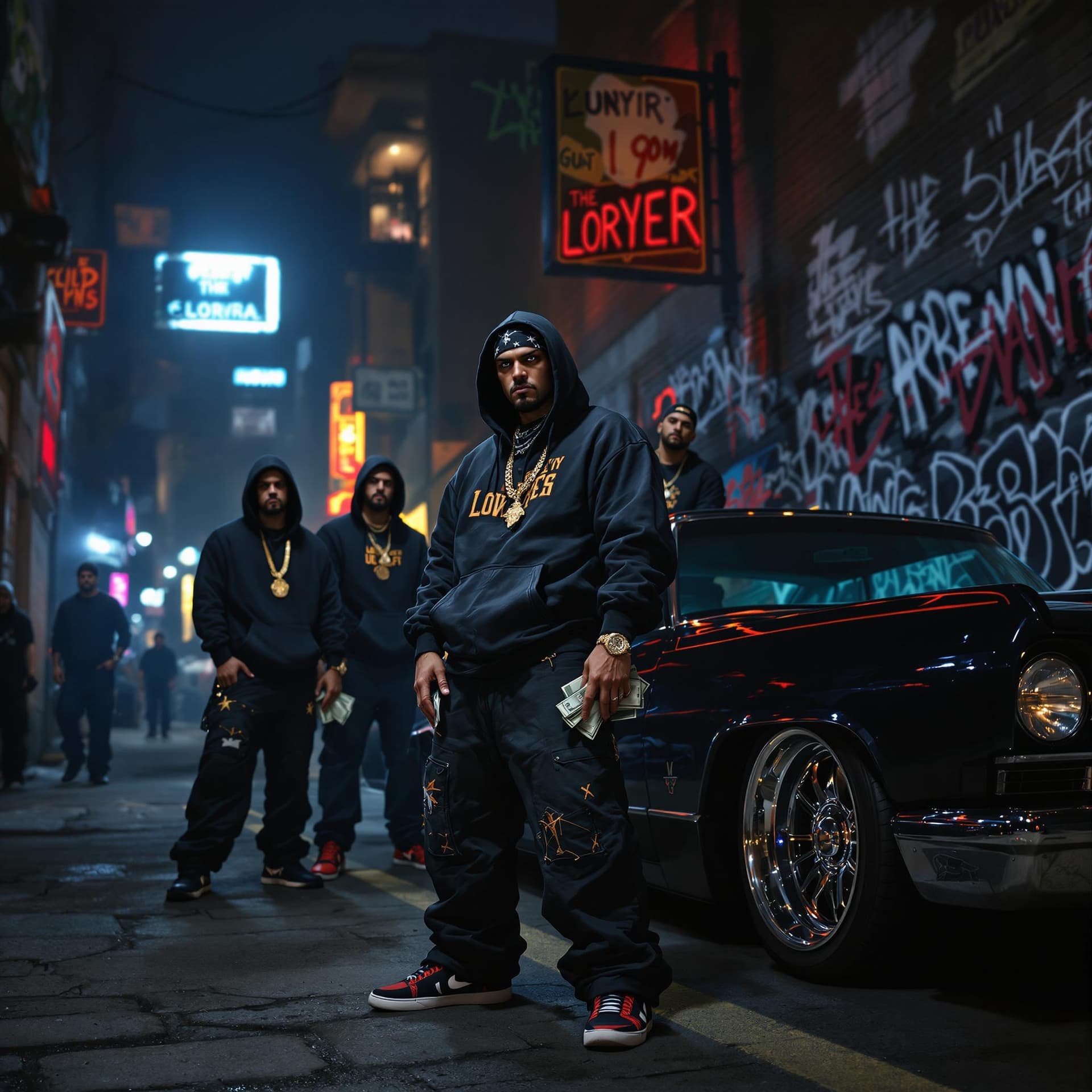 AI generated: "A dark and gritty urban street scene at night, illuminated by dim streetlights and neon signs. A gr...