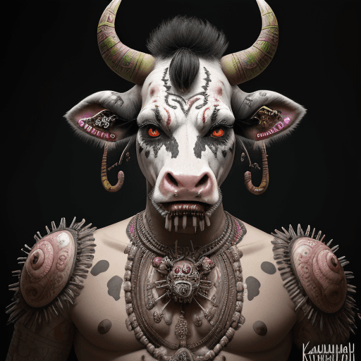 AI generated: Cow, Cow with piercing, Septum piercing, uhd photorealisitc authentic psychotic angry madman wearing...
