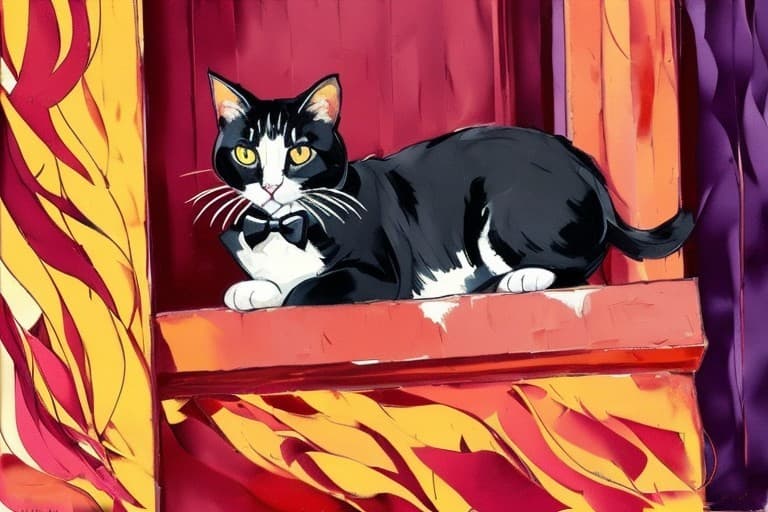 AI generated: cat on a wall in a tuxedo (style of Charles Camoin), high quality, intricate details