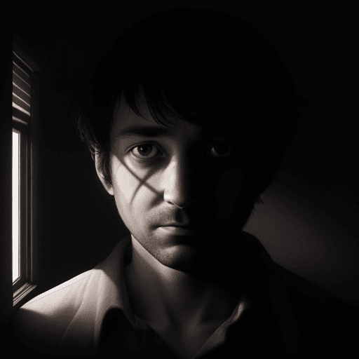 AI generated: a 40 year old genius with a mysterious face in a dark room with the light shining on one side of his...